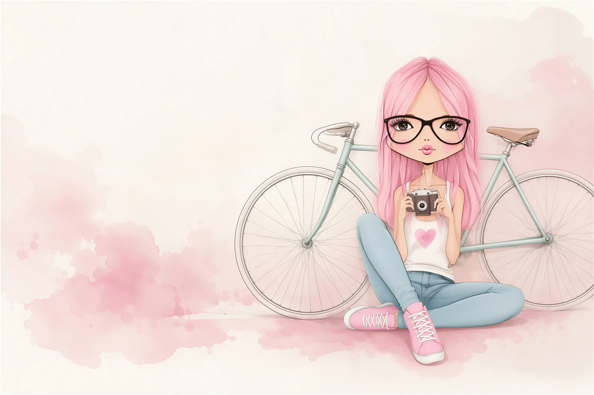 Fototapeten stylisches Mädchen mit einem Fahrrad