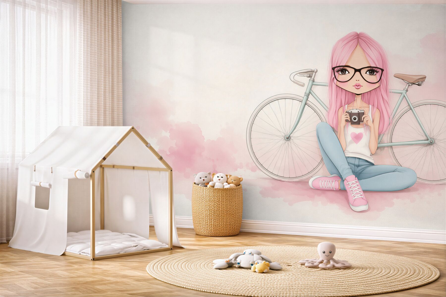 Fototapeten stylisches Mädchen mit einem Fahrrad