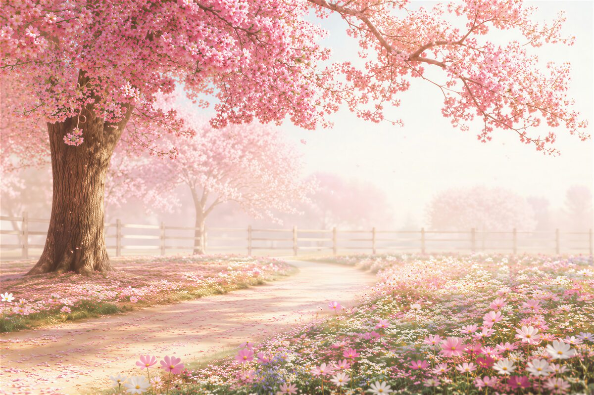 Fototapeten alter blühender rosa Kirschbaum
