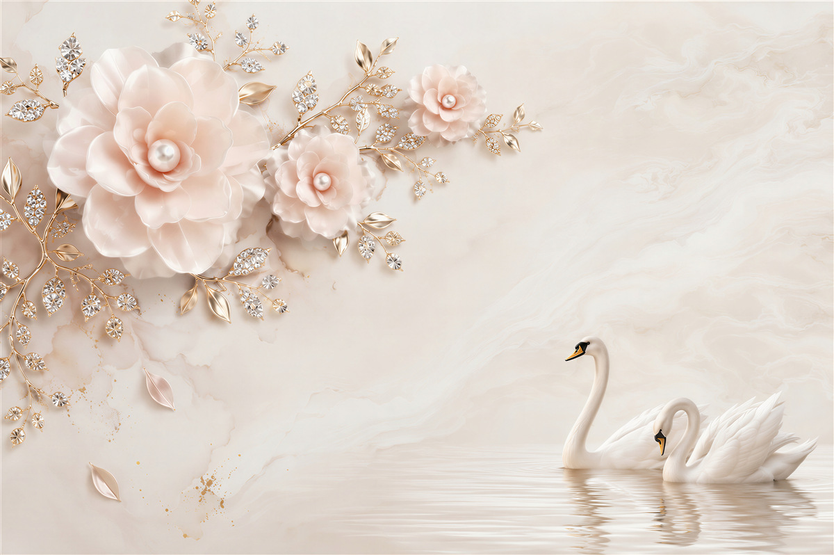 Fototapeten rosa Blumen mit goldenen und weißen Schwänen