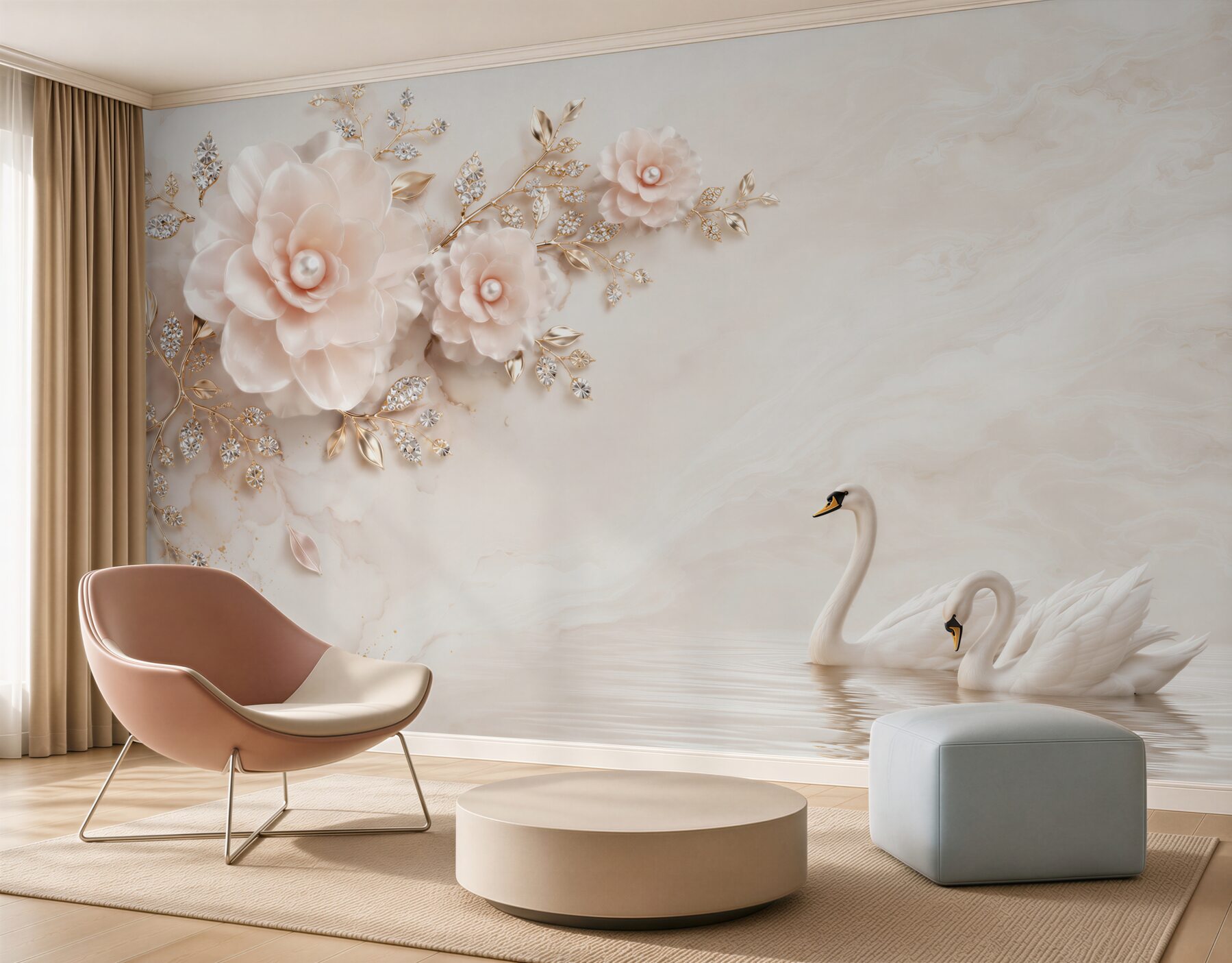Fototapeten rosa Blumen mit goldenen und weißen Schwänen