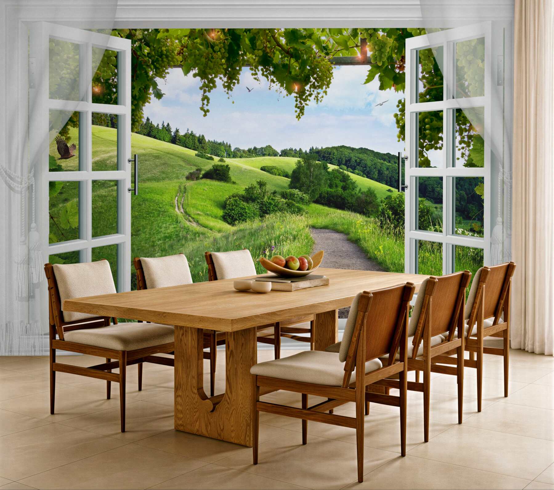 Fototapeten Fenster mit Blick auf grüne Wiesen