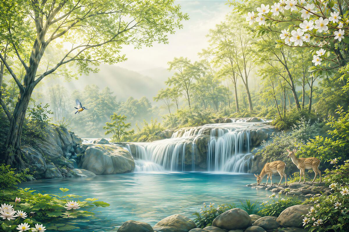 Fototapeten märchenhafte Natur in der Nähe eines Sommerwasserfalls