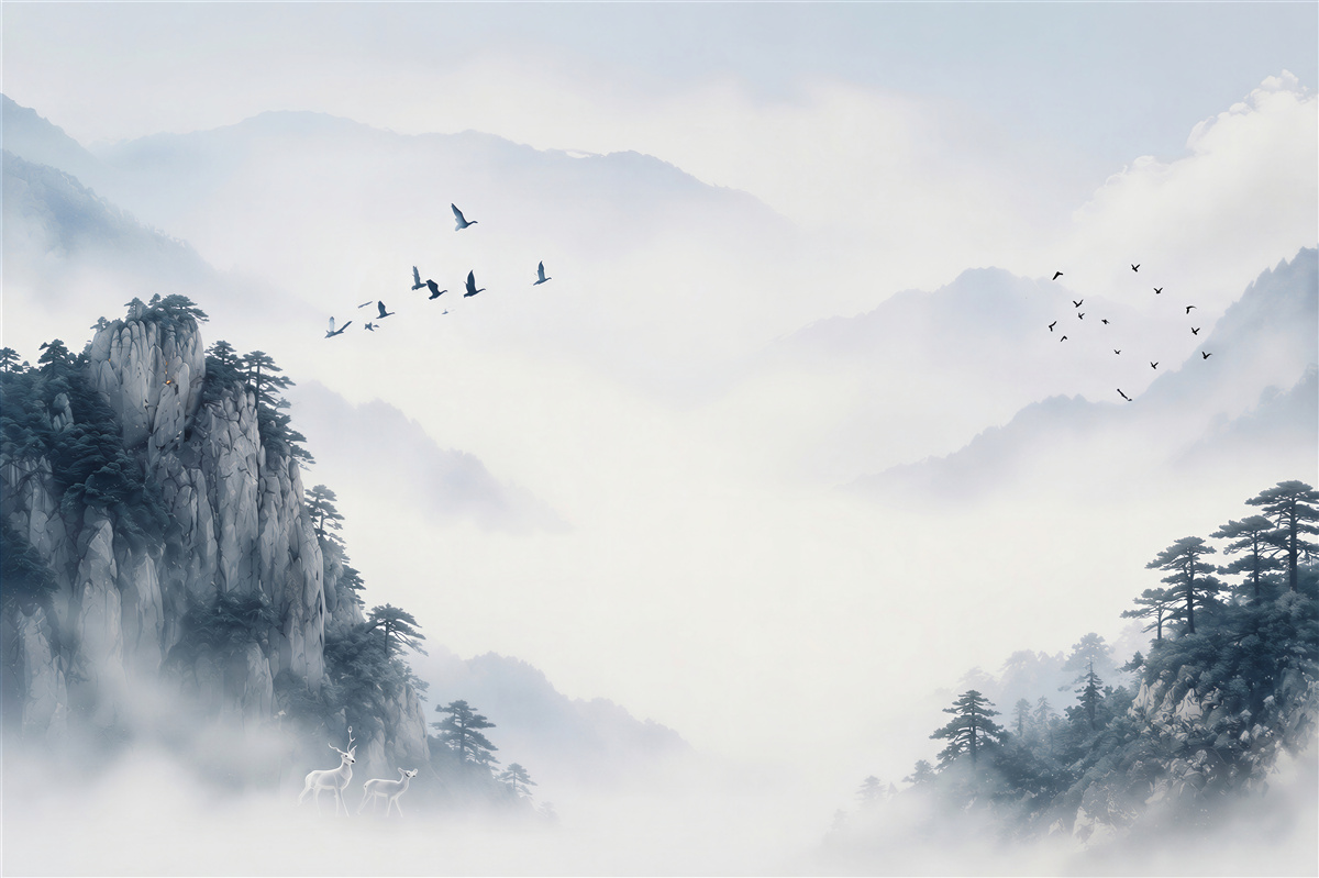Fototapeten Vögel steigen hoch aus dem kalten Nebel