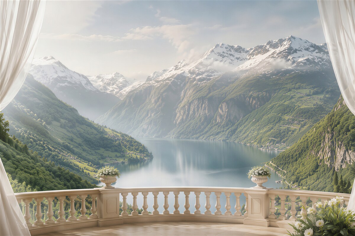 Fototapeten Bergterrasse mit See