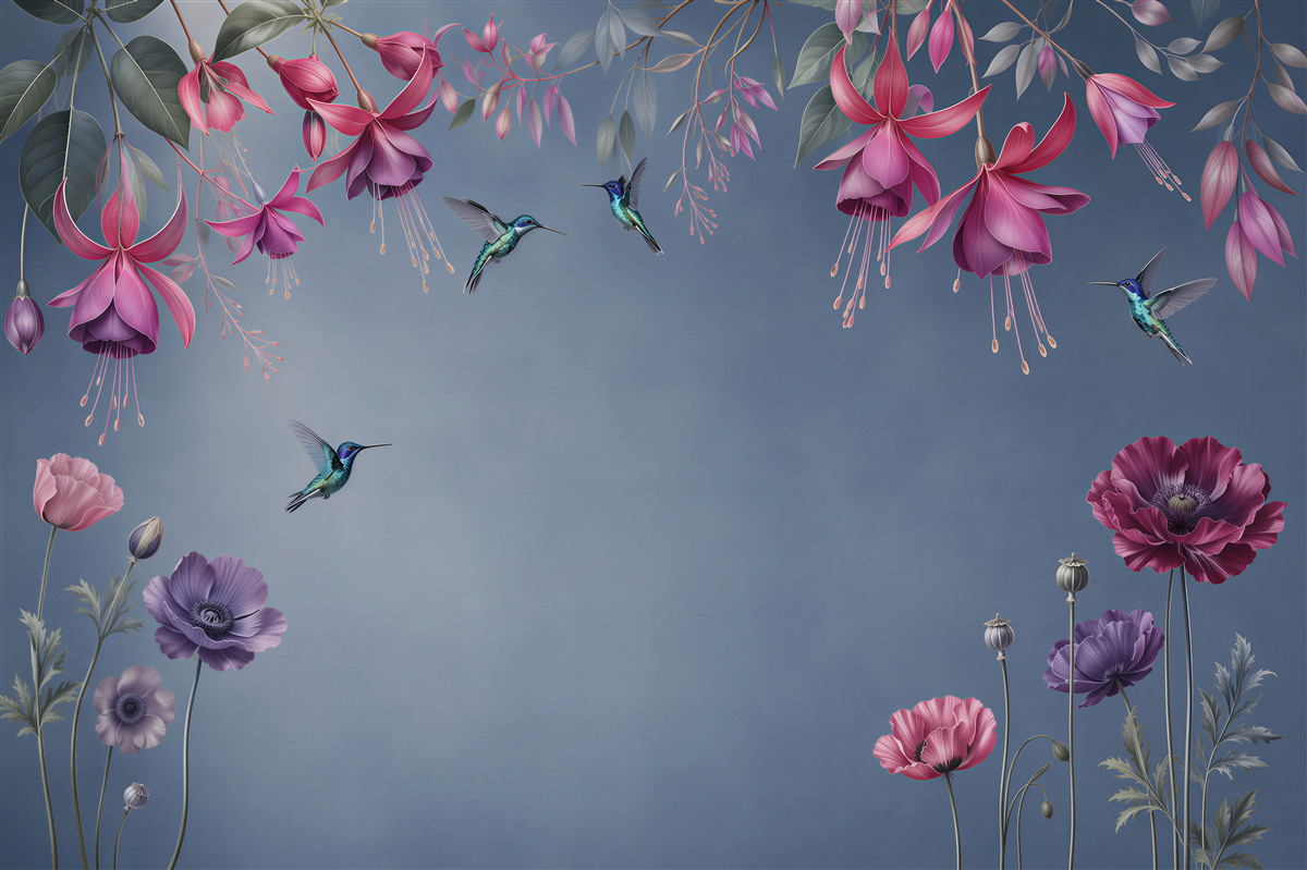 Fototapeten Kolibris, die Nektar aus Blumen trinken