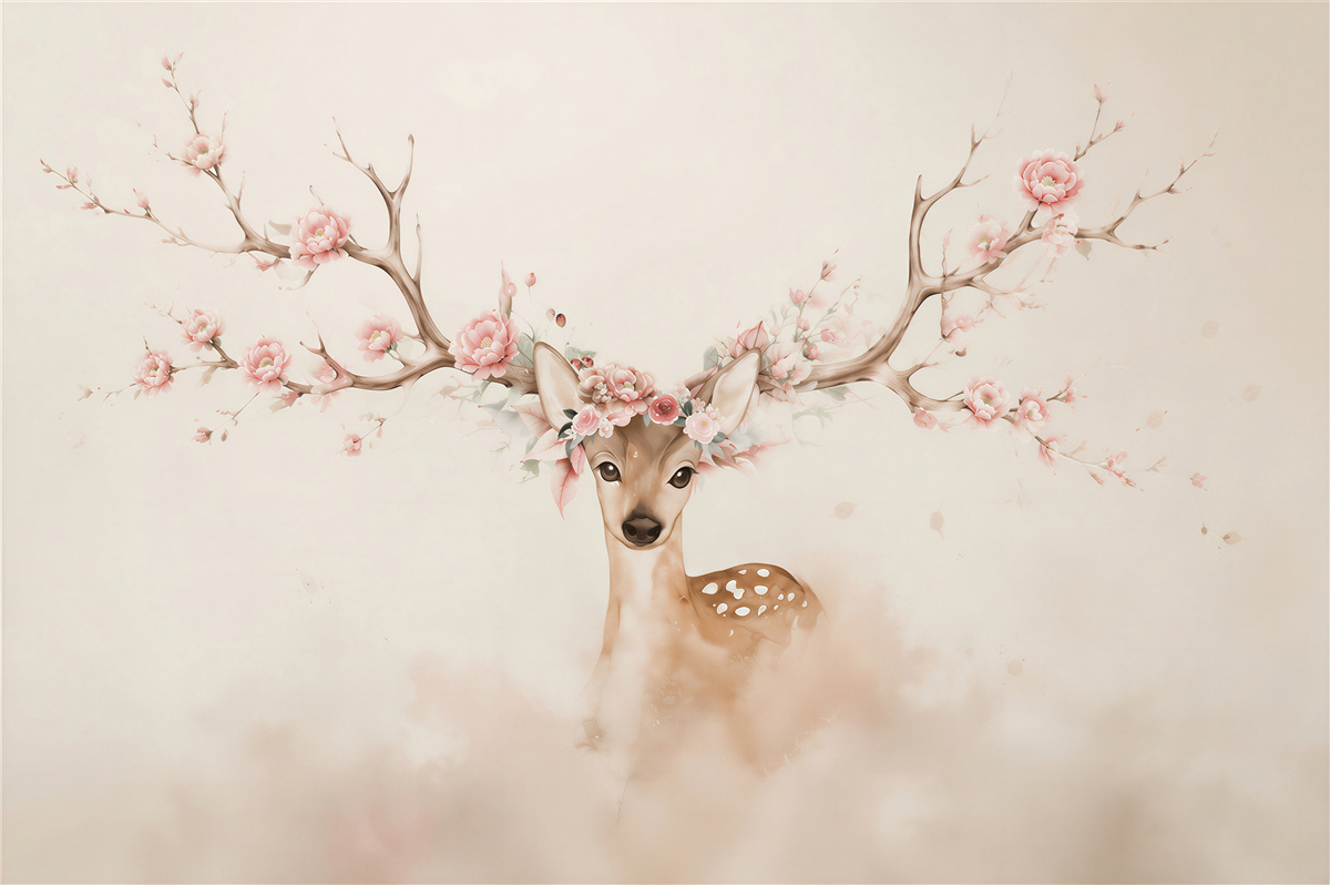 Fototapeten süßer Hirsch mit Blumen auf den Geweihen