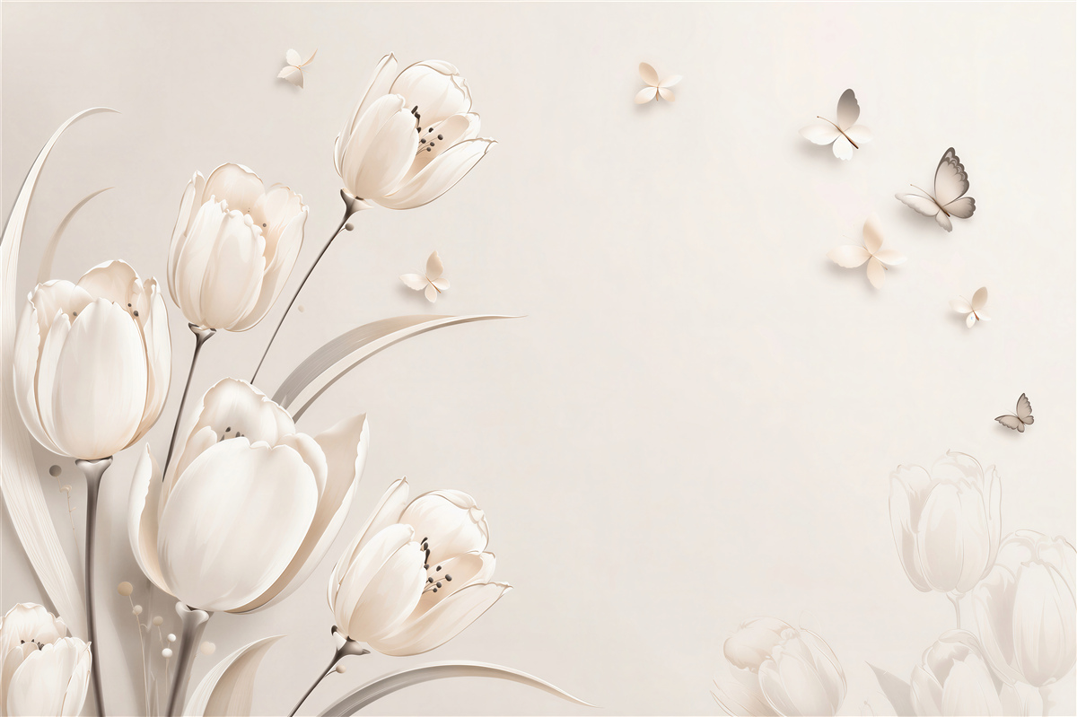 Fototapeten weiße Tulpen und Schmetterlinge