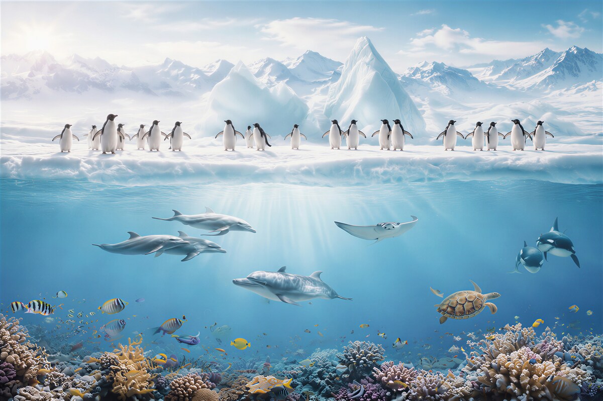 Fototapeten Pinguine und Delfine in Korallenriffen