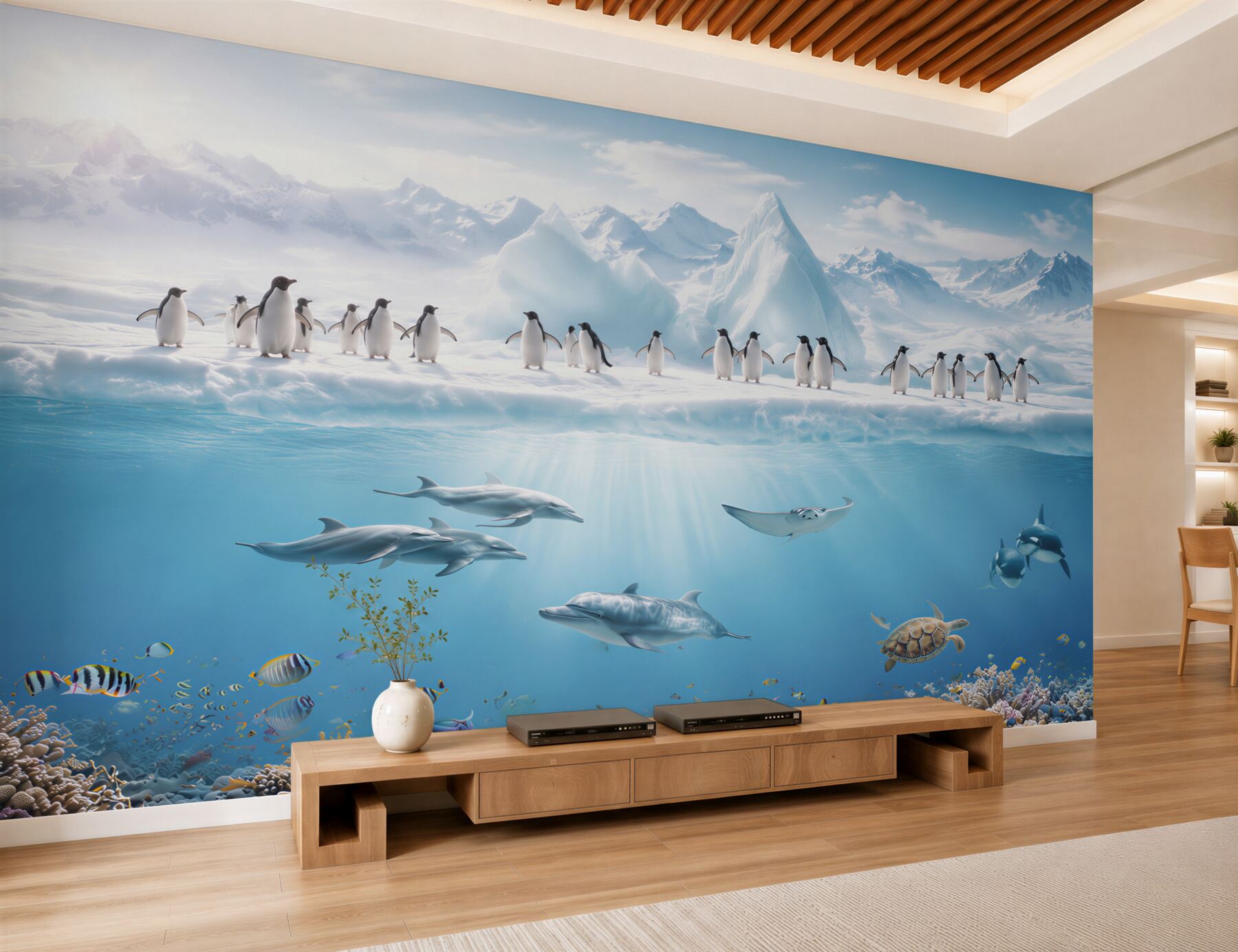 Fototapeten Pinguine und Delfine in Korallenriffen