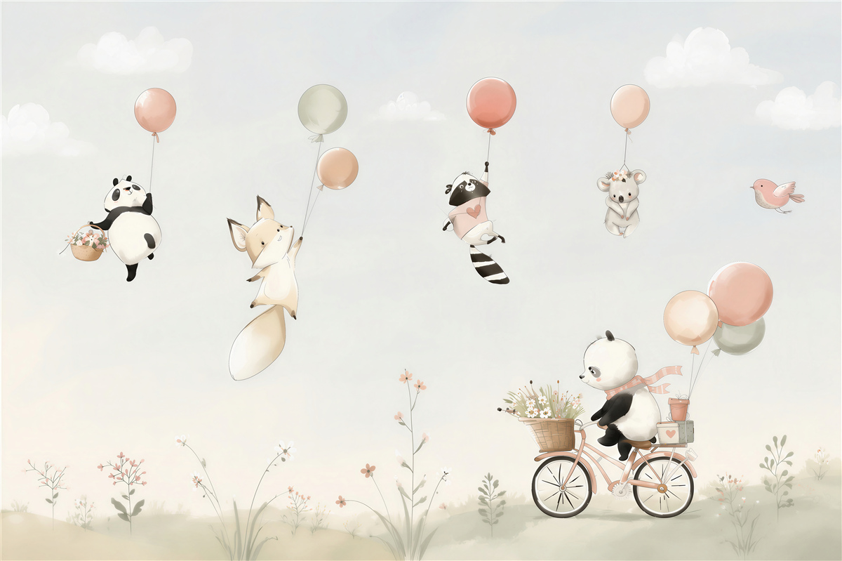 Fototapeten Panda auf dem Fahrrad und Tiere mit Ballons