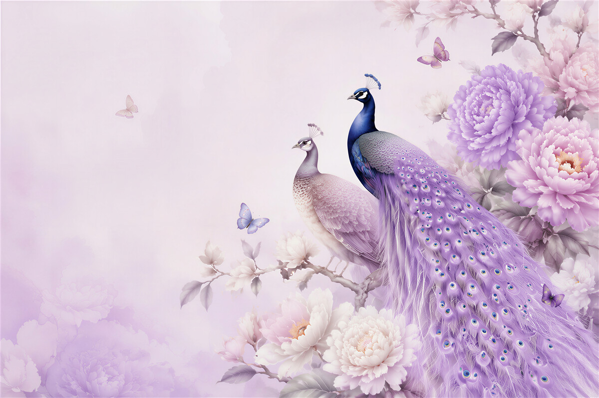 Fototapeten zwei lila Pfauen zwischen Blumen