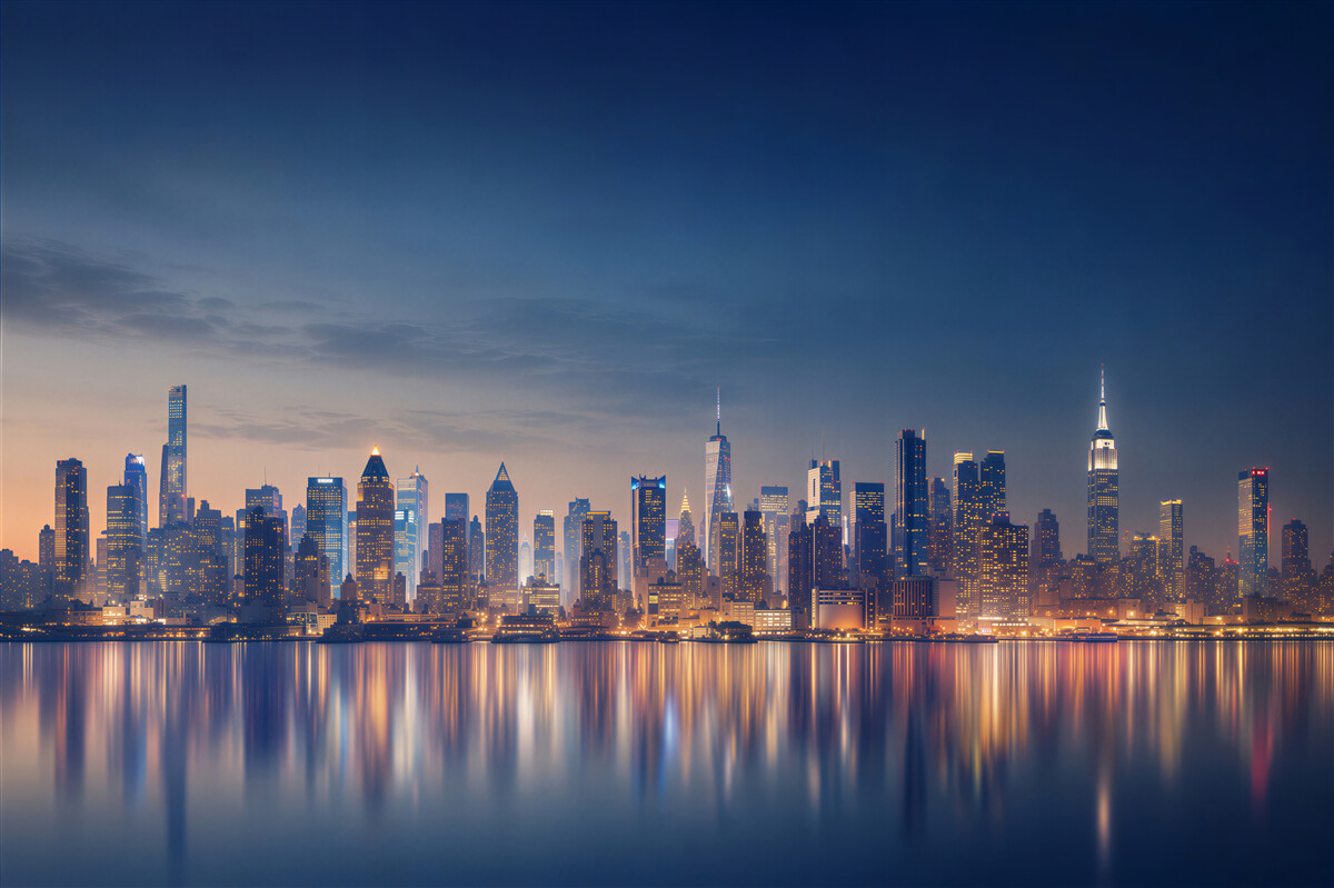 Fototapeten Nachtstadt im Wasser reflektiert