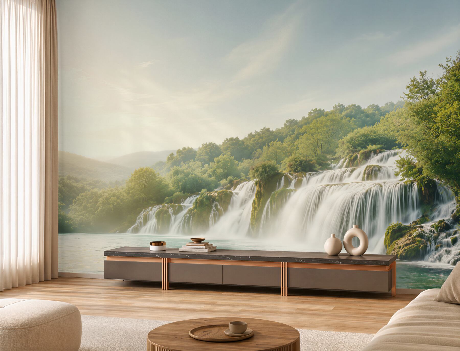 Fototapeten Waldlandschaften und donnernder Wasserfall