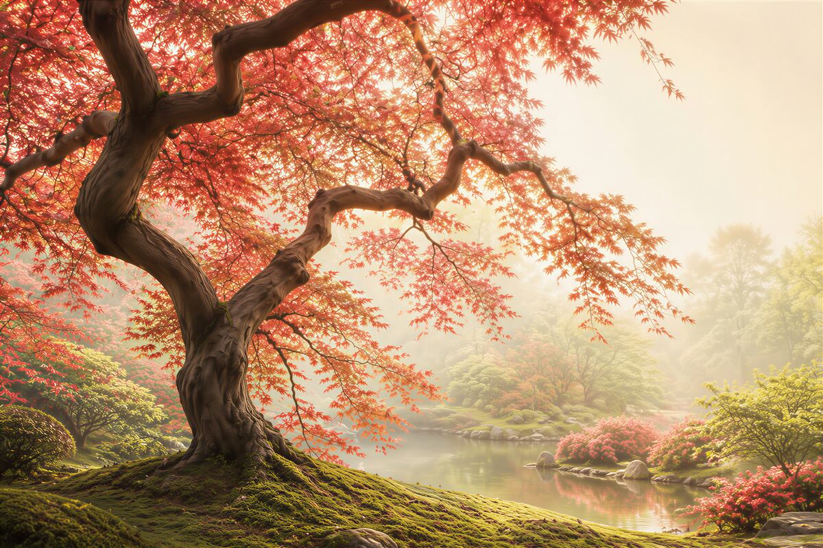 Fototapeten Japanischer Ahorn im Herbst am See