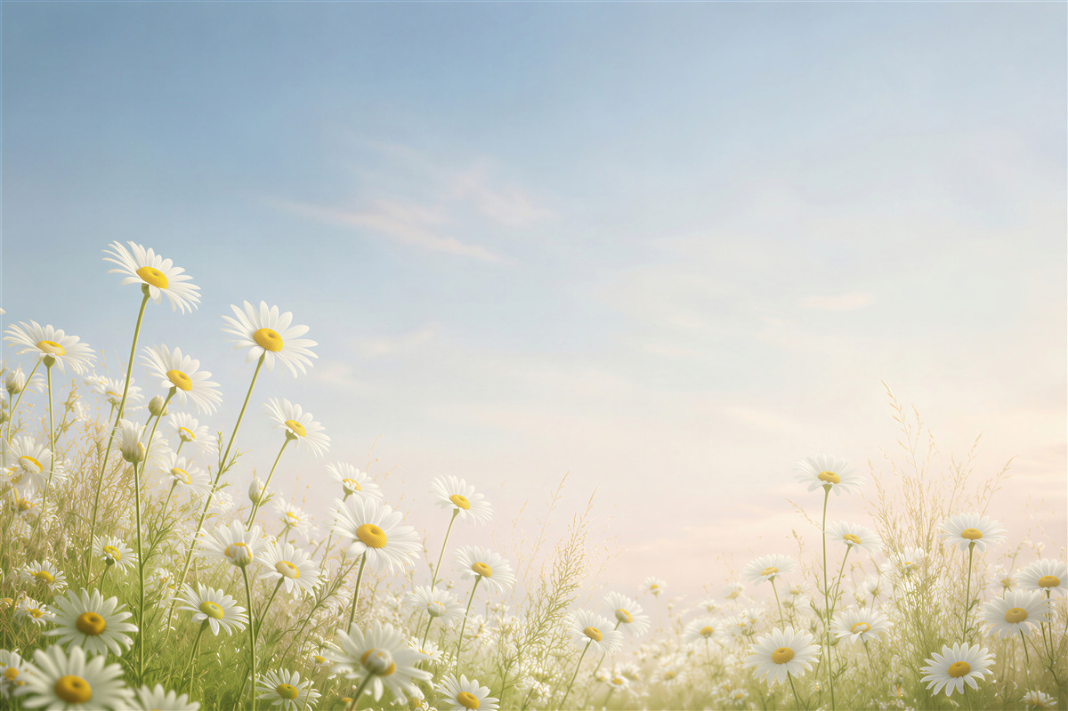 Fototapeten Wiesen-Gänseblümchen unter blauem Himmel
