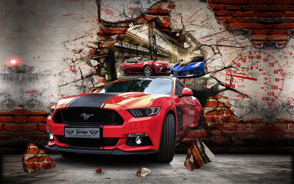 Fototapeten roter Mustang an der Wand