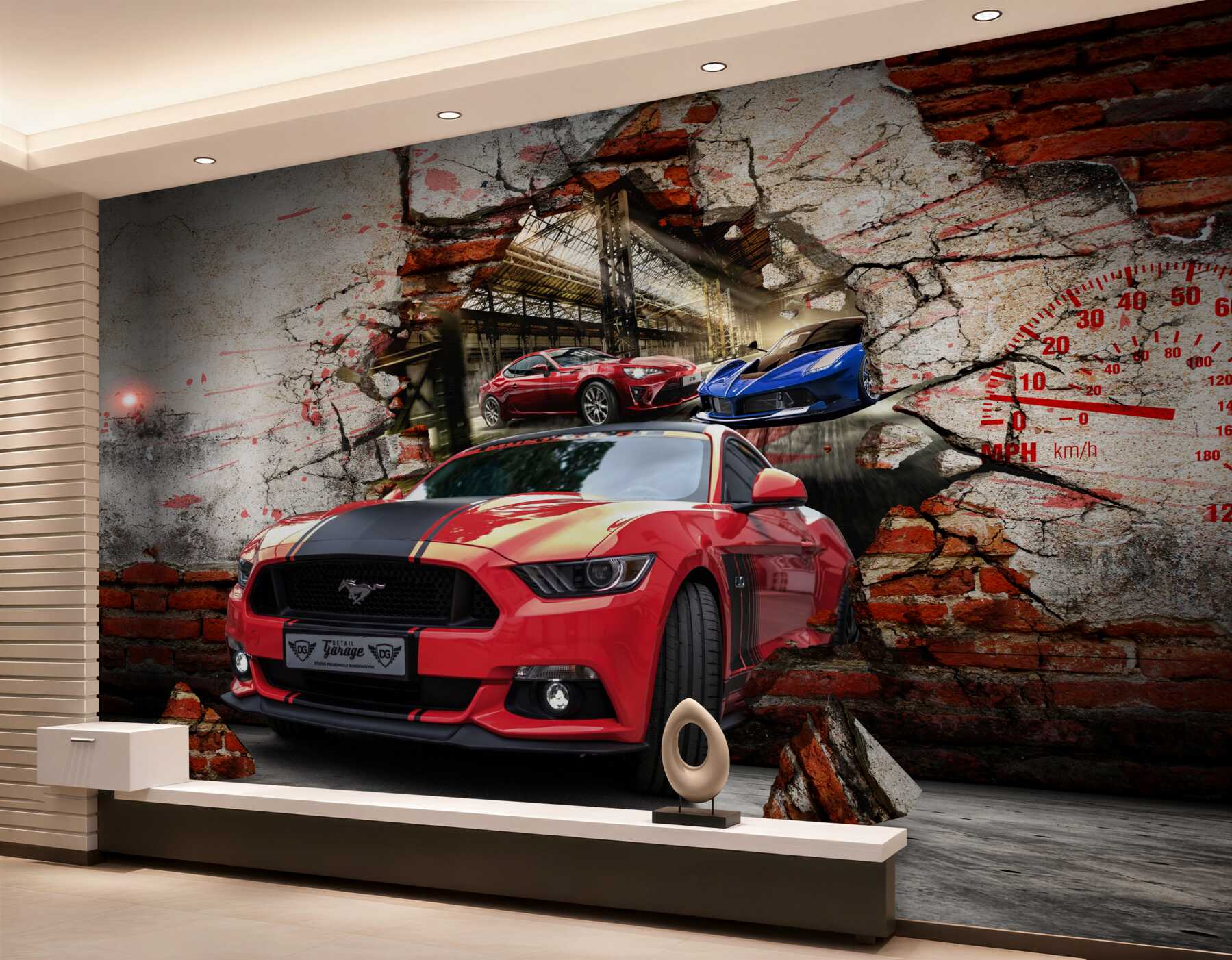 Fototapeten roter Mustang an der Wand