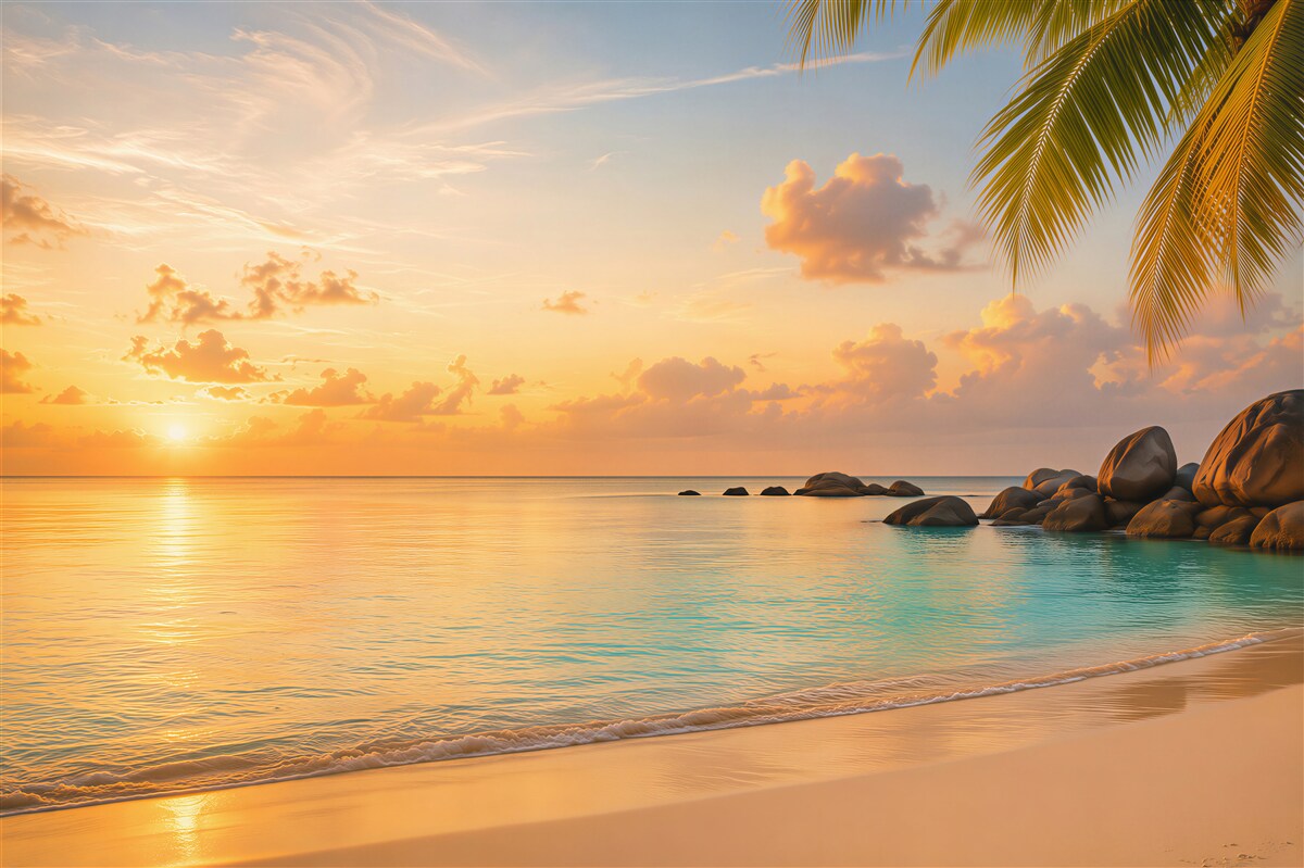 Fototapeten ruhiger tropischer Sonnenuntergang am Strand