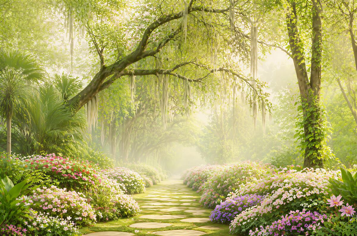 Fototapeten Weg in Blumen, der zu einem grünen Wald führt