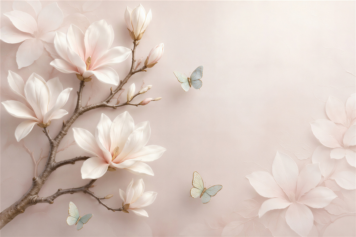 Fototapeten weiße Blumen und blaue Schmetterlinge