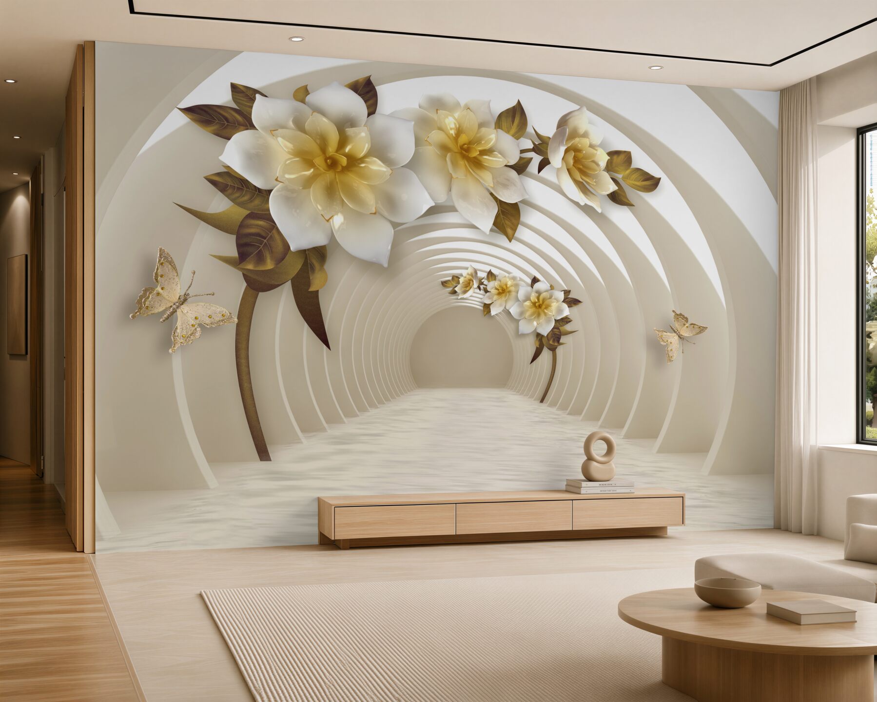 Fototapeten weiße Lotusblumen mit Gold in der Perspektive