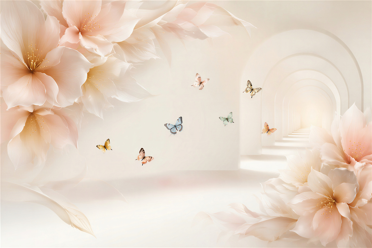 Fototapeten bunte Blumen und Schmetterlinge in einem Tunnel