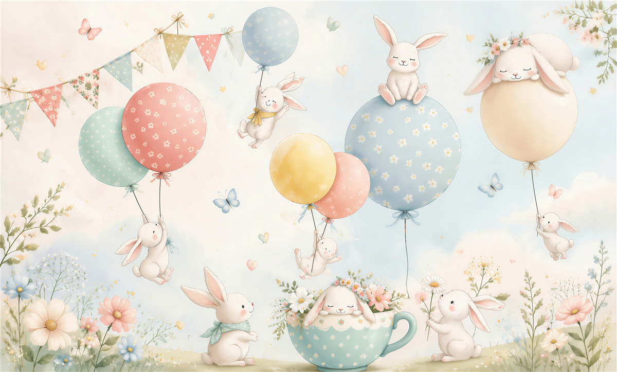 Fototapeten weiße Kaninchen in Ballons