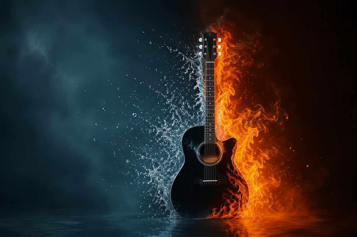 Fototapeten Gitarre im Wasser und in Flammen