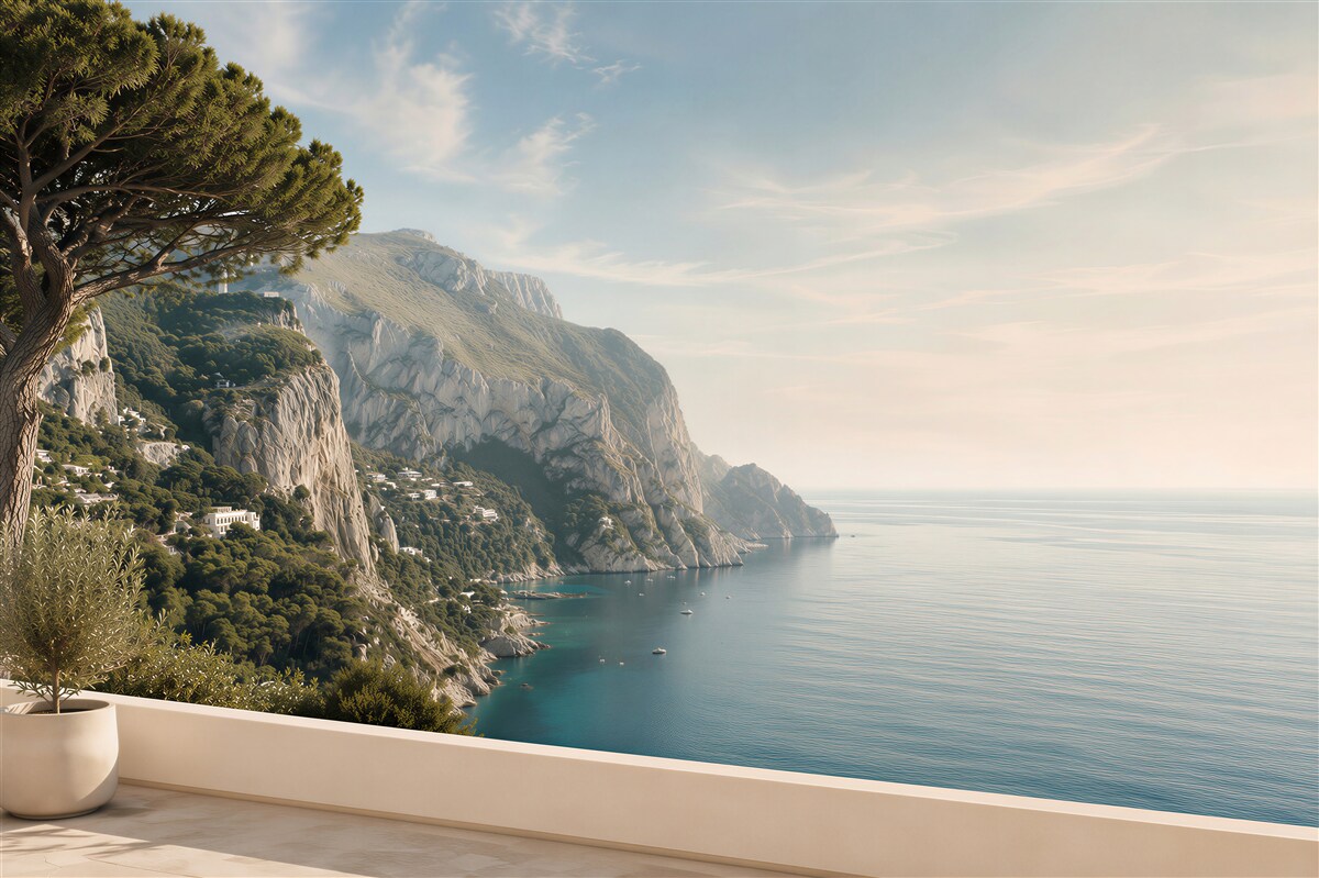 Fototapeten Blick auf Berge und Meer vom Balkon