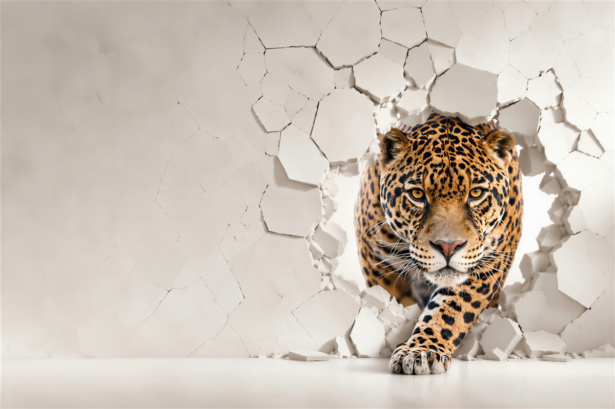 Fototapeten Leopard durchbricht eine Ziegelmauer