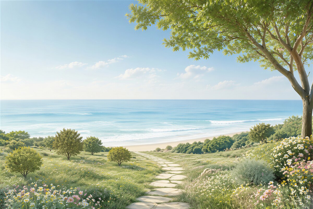 Fototapeten grüne Wiesen am Meer