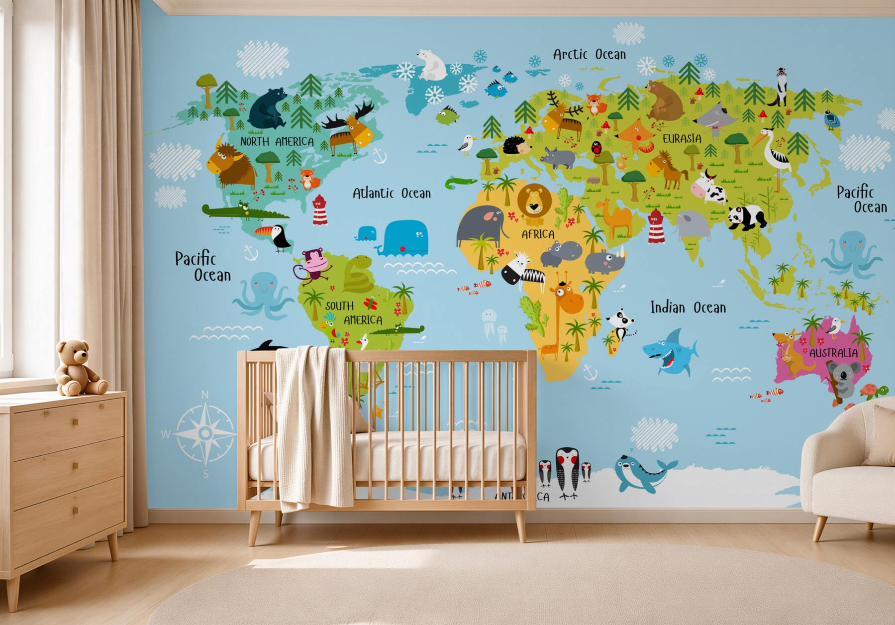 Fototapeten Weltkarte für Kinder mit Tieren