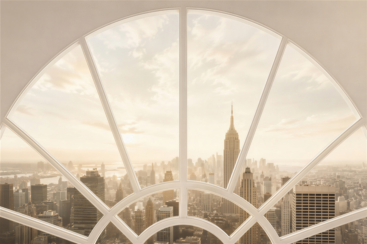 Fototapeten Fenster in einer Ziegelwand mit Blick auf New York