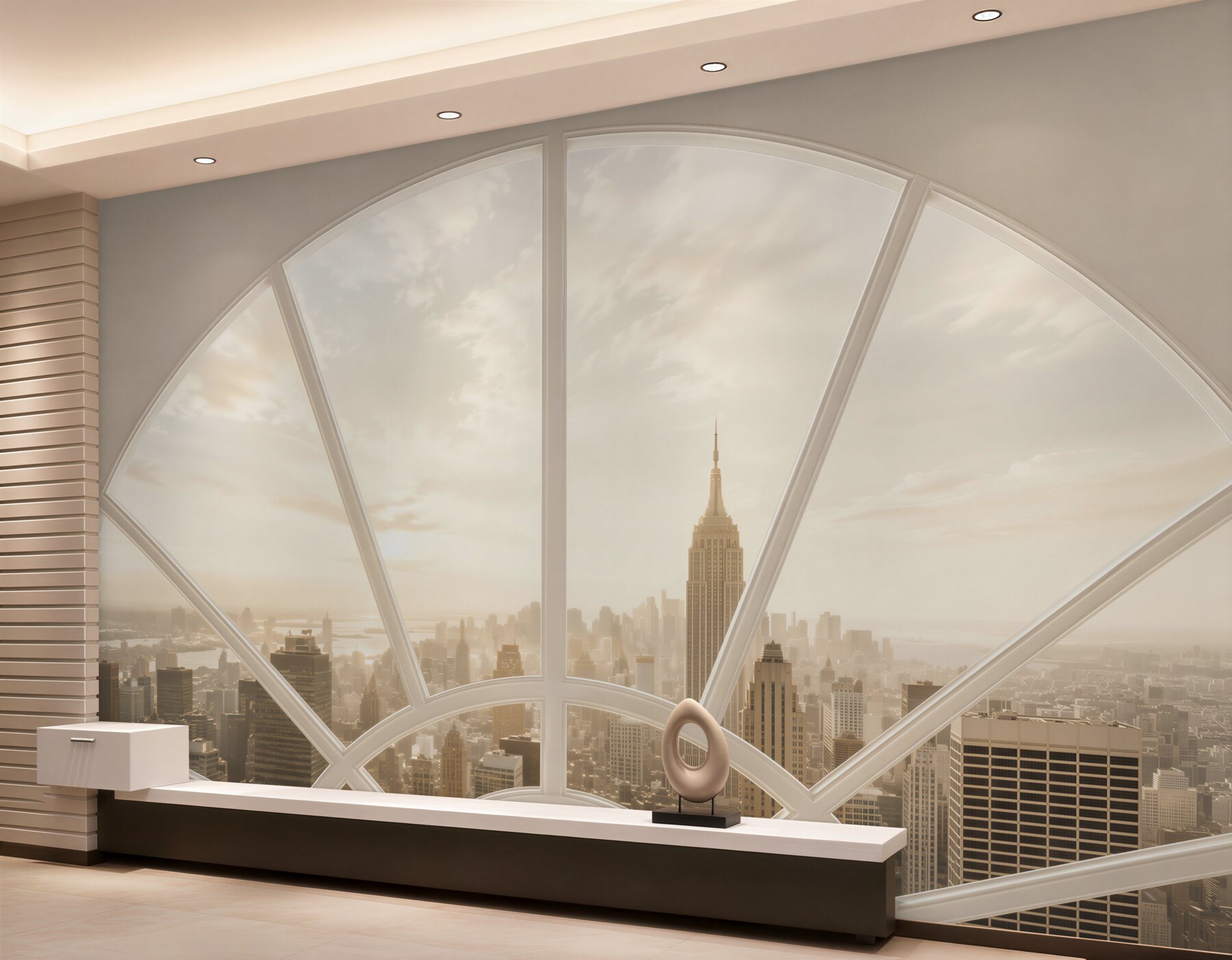 Fototapeten Fenster in einer Ziegelwand mit Blick auf New York