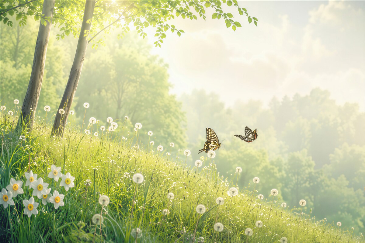 Fototapeten Schmetterlinge auf einer grünen Wiese