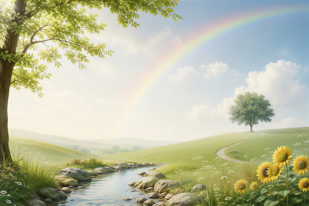 Fototapeten Regenbogen über grünen Wiesen