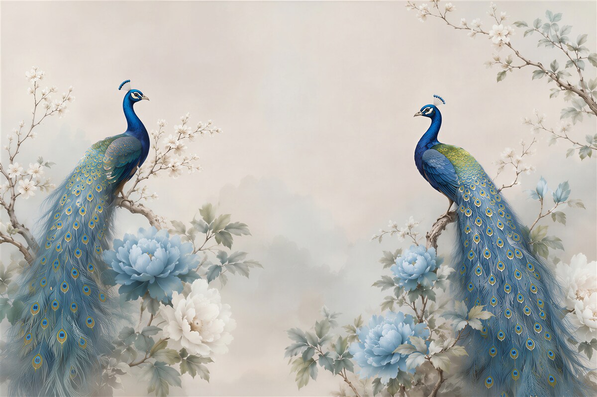Fototapeten blaue Pfauen auf blauen Blumen