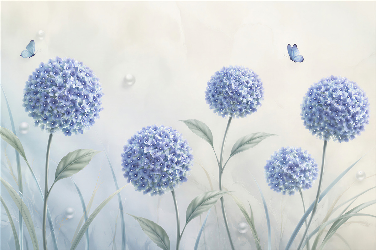 Fototapeten außergewöhnliche blaue Blumen und Schmetterlinge