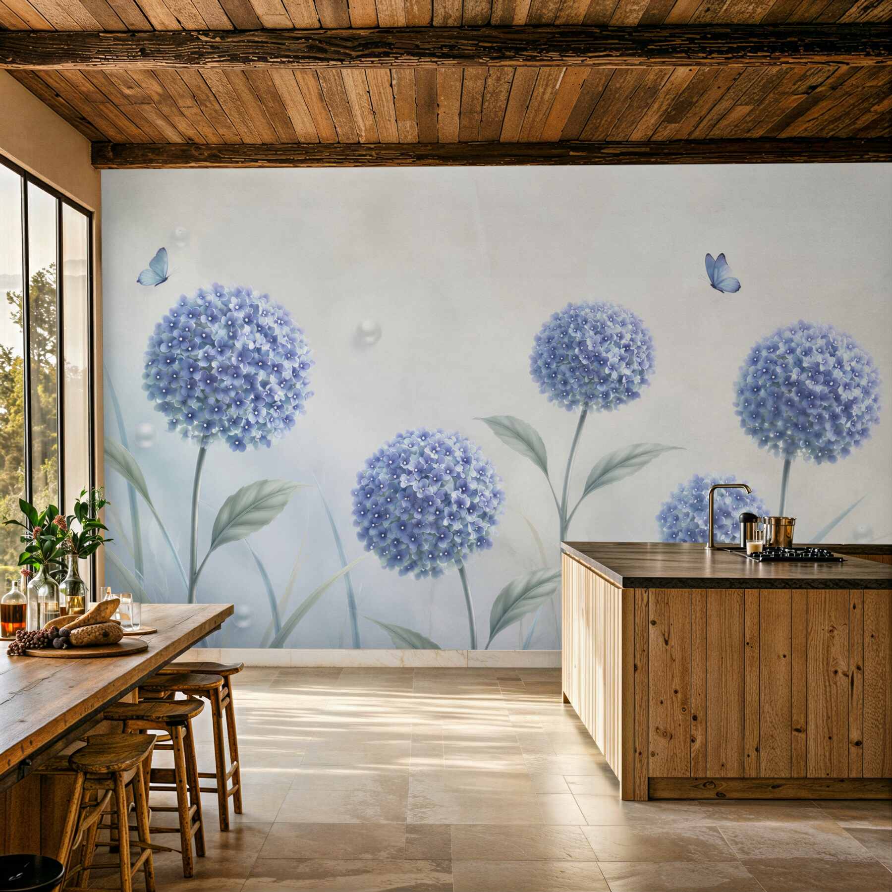 Fototapeten außergewöhnliche blaue Blumen und Schmetterlinge