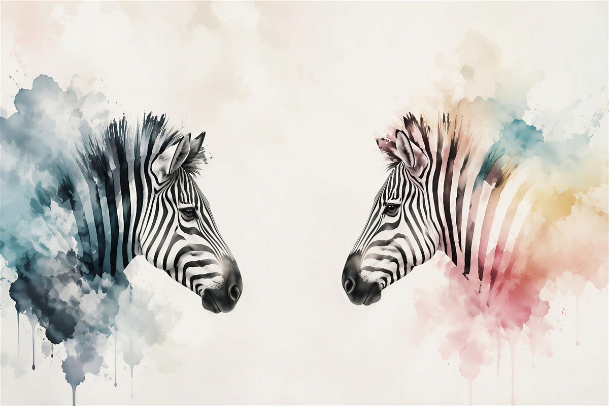 Fototapeten zwei Zebras in hellen Farben