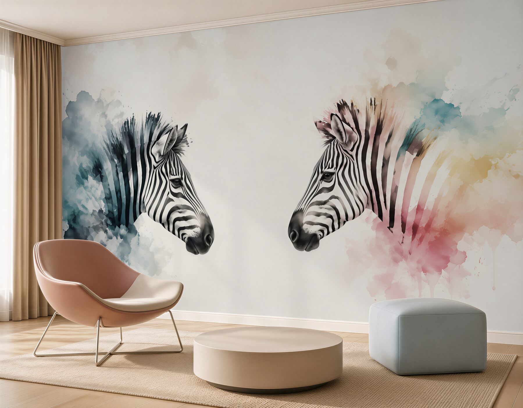 Fototapeten zwei Zebras in hellen Farben