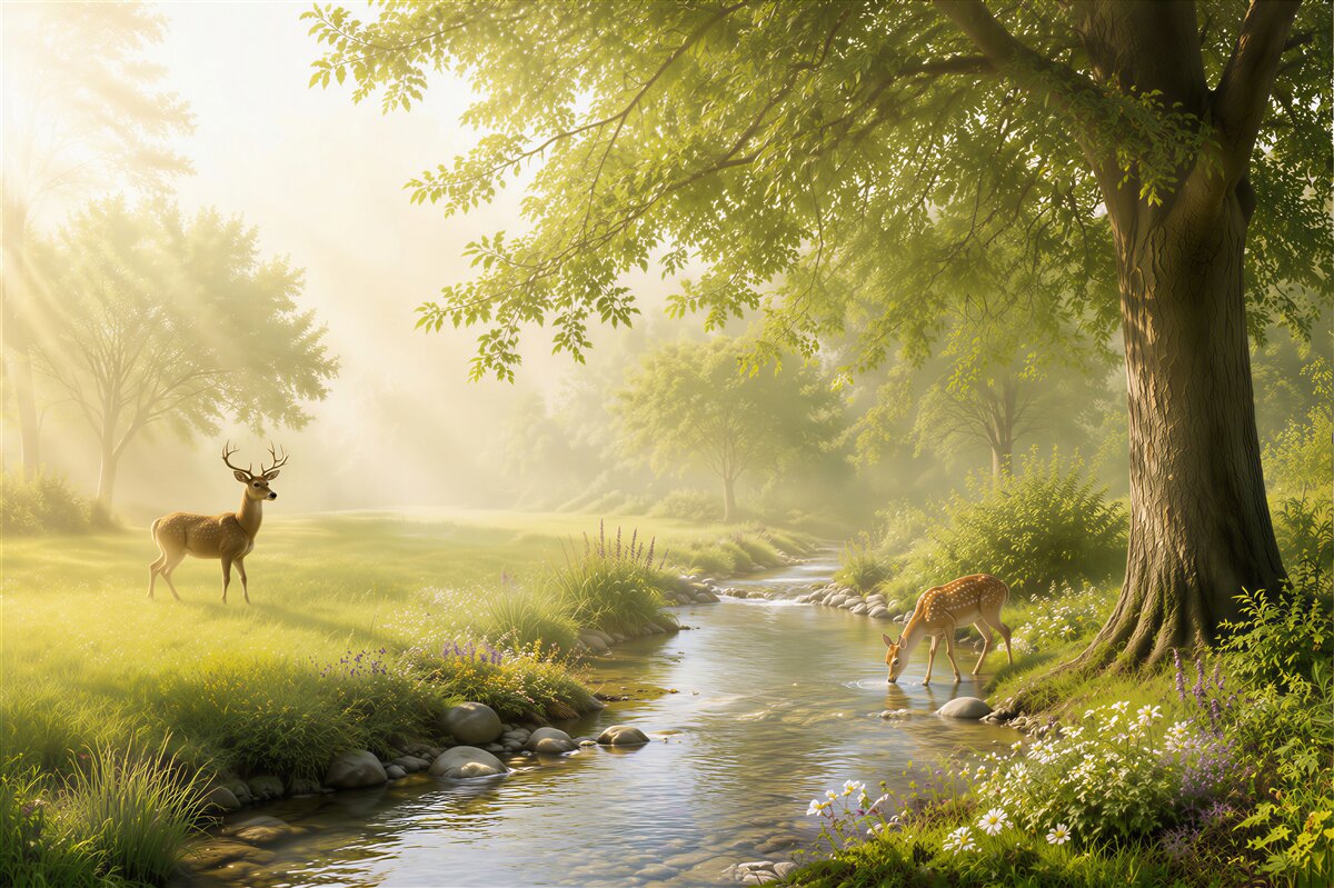 Fototapeten Rehe in der Nähe eines Waldflusses