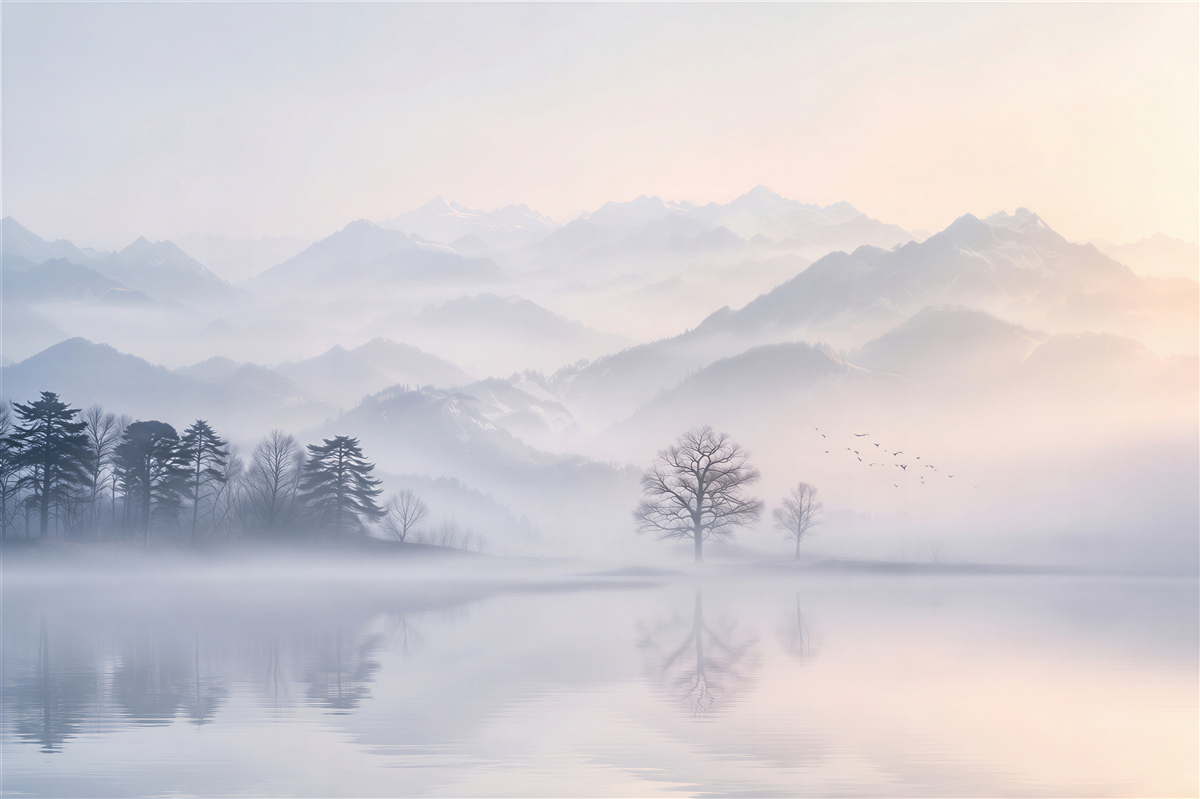Fototapeten nebliger Morgen über dem See