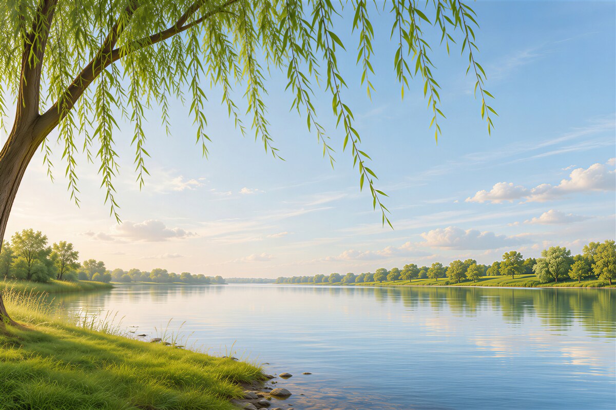 Fototapeten schöner Weidenbaum neben ruhigem Wasser