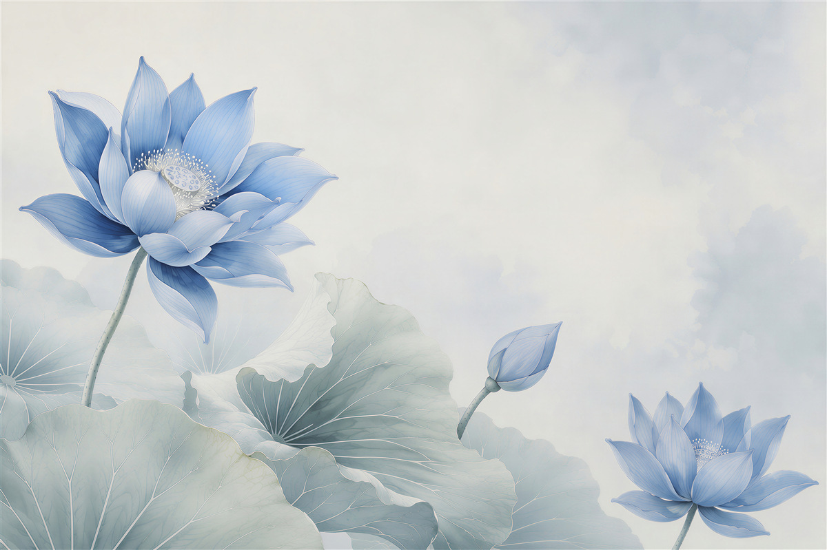 Fototapeten blaue Lotosblumen auf grauem Hintergrund