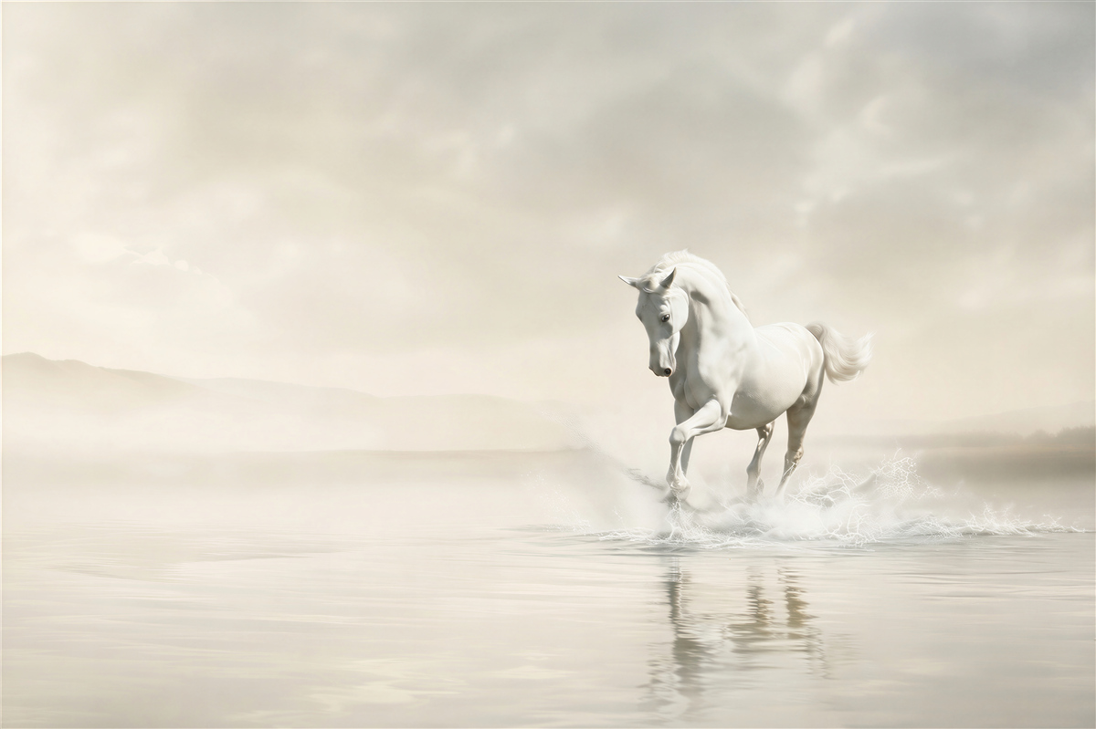 Fototapeten mächtiger Galopp eines weißen Pferdes über das Wasser