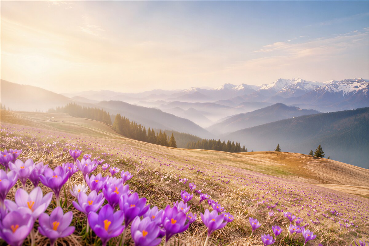 Fototapeten violette Krokusse in den Bergen