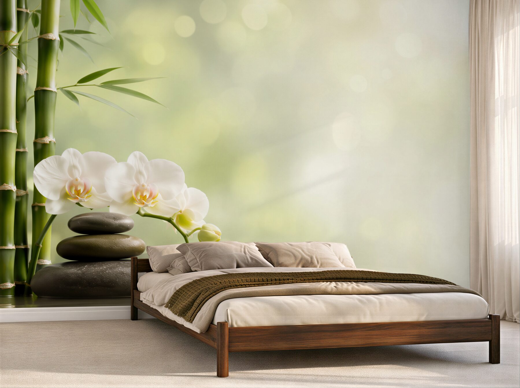 Fototapeten Bambussteine und weiße Orchidee