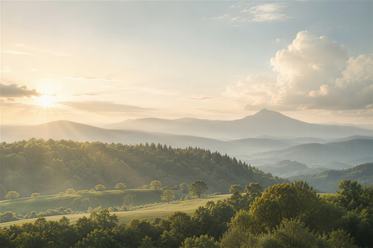 Fototapeten Morgenstrahlen über den Berggipfeln